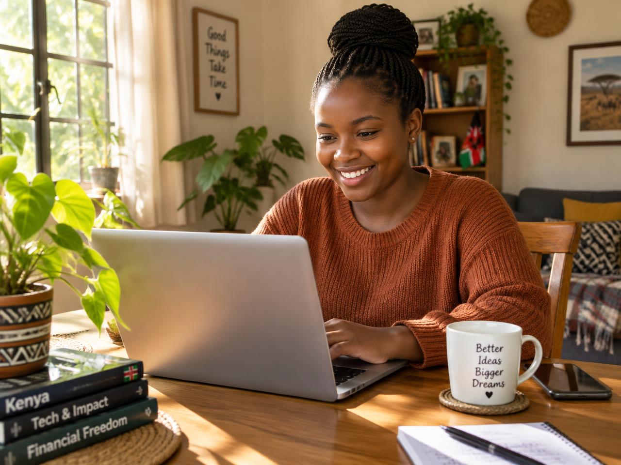 A young woman smiling while working on her laptop at home